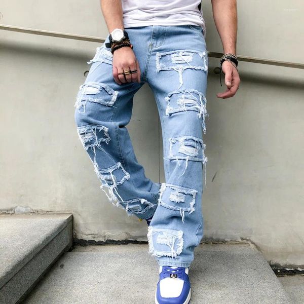 Jeans da uomo Uomo Streetwear Strappato Splicing Pantaloni da motociclista dritti alla moda Pantaloni da denim larghi maschili Hip Hop Abbigliamento