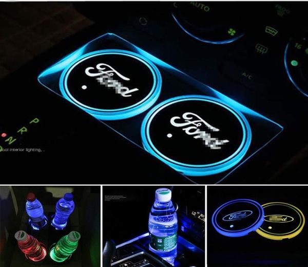 Auto esporte 2 pçs led suporte de copo esteira almofada coaster com usb recarregável decoração interior luz para ford2419788