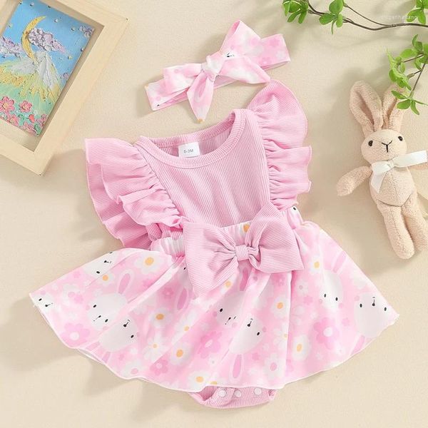 Kleidungssets Baby Mädchen Blumendrampier Kleid Strick gerippte Rüschen ärmellose Spitze Blume Bodysuit Geborene Sommerkleidung