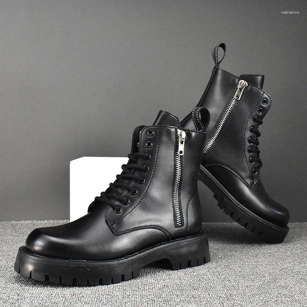 Botas masculinas moda palco boate vestido alta motocicleta preto branco sapatos cowboy genuíno couro bota plataforma longas botas masculinas