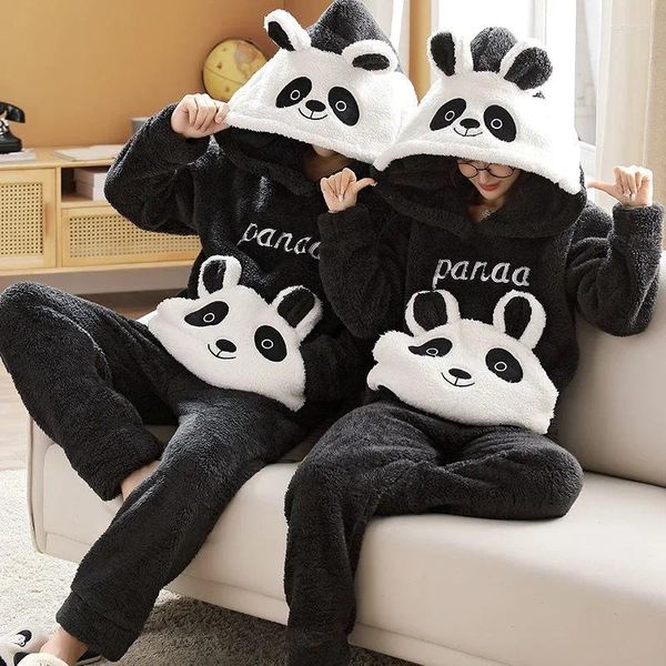 Mulheres sleepwear anime panda casais pijamas terno mulheres homens inverno grosso solto pijamas camisola macio quente com capuz homewear