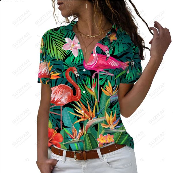 Camicia 2023 Primavera E Autunno delle Nuove Donne Flamingo Camicia A Maniche Corte Hawaiana 3D Stampa Digitale Risvolto Pulsante Casual Top A Manica Corta