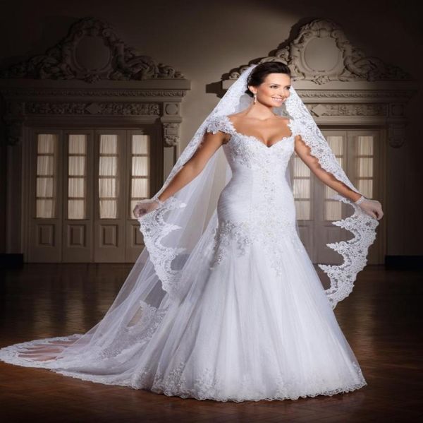 Véus de casamento longos, apliques de renda, comprimento catedral, estilo vintage, uma camada, vestidos de noiva, véu de noiva personalizado com pente3395934