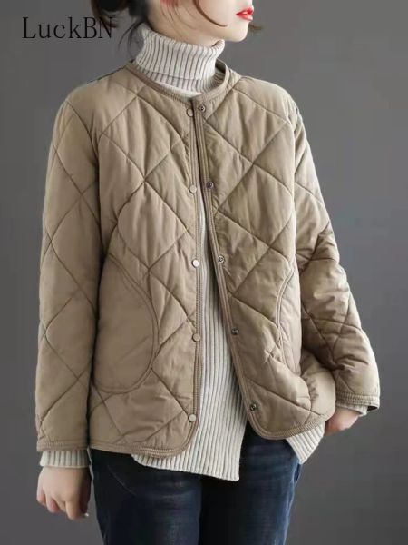 Parka letterario O collo trapuntato corto leggero giacca imbottita in cotone da donna 2022 nuovo retrò sciolto tinta unita giacca imbottita cappotto invernale verde