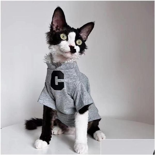 Trajes de gato Roupas Sphynx Hairless Alemão Sphinx Tendência Carta Manga Curta Camiseta Algodão Respirável Fino Pet Pano Gota Entrega Dhxfu