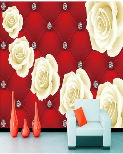 Fundo branco macio vermelho com rosas brancas mural papel de parede 3d papéis de parede 3d para cenário de tv5228425