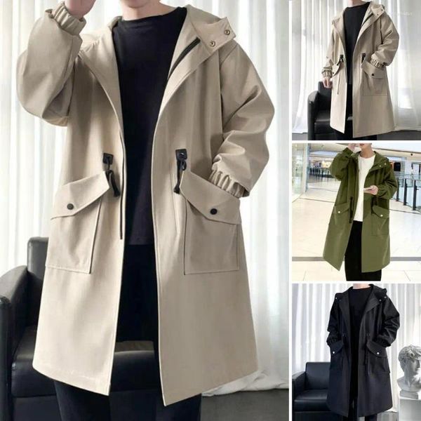 Herren-Trenchcoats, Herren-Windjacke mit Kapuze, stilvoller Mantel mit Reißverschluss, große Taschen, winddicht, Streetwear für