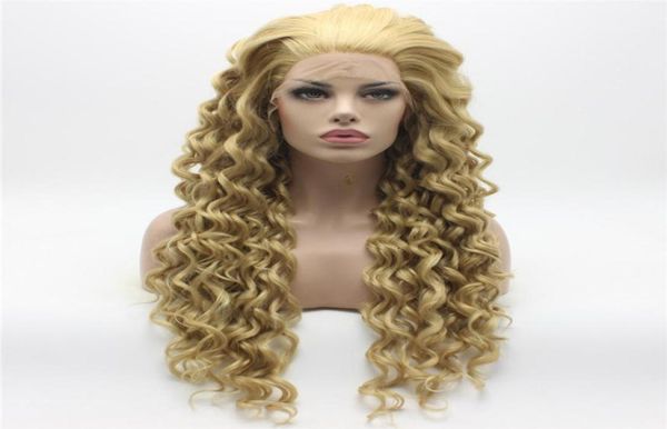 Iwona Hair Curly Long Three Tone Honey Blonde Mix Perücke 186131627HY Halbhandgebundene hitzebeständige synthetische Lace-Front-Perücke5891701