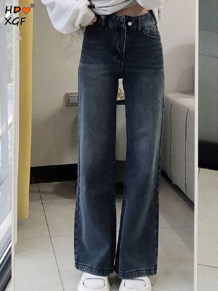 Calças de brim vintage cintura alta botão denim pantalones moda coreana do velho lavado azul escuro calças de brim retas femininas allmatch jeans baggy y2k