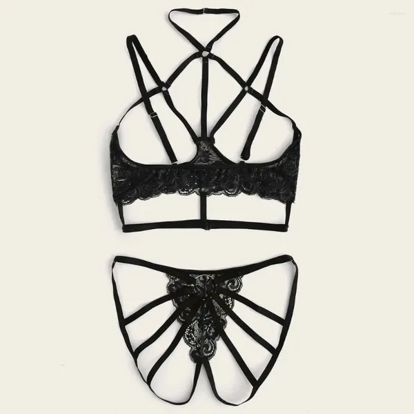 Conjuntos de sutiãs rendas até bandagem virilha lingerie conjunto para mulheres plus size sutiã roupa interior preto oco sleepwear sexy lingerine outfit