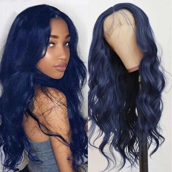 Perucas de cabelo cor azul escuro onda solta peruca sintética natural linha fina longo ondulado fibra sem cola perucas dianteiras cosplay cabelo rosa 240306