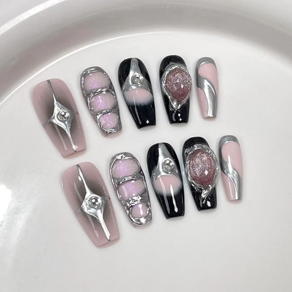 10 pçs preto feito à mão imprensa em unhas caixão unhas falsas cobertura completa gradiente metal contraste artificial manicure wearable dicas de unhas 240306