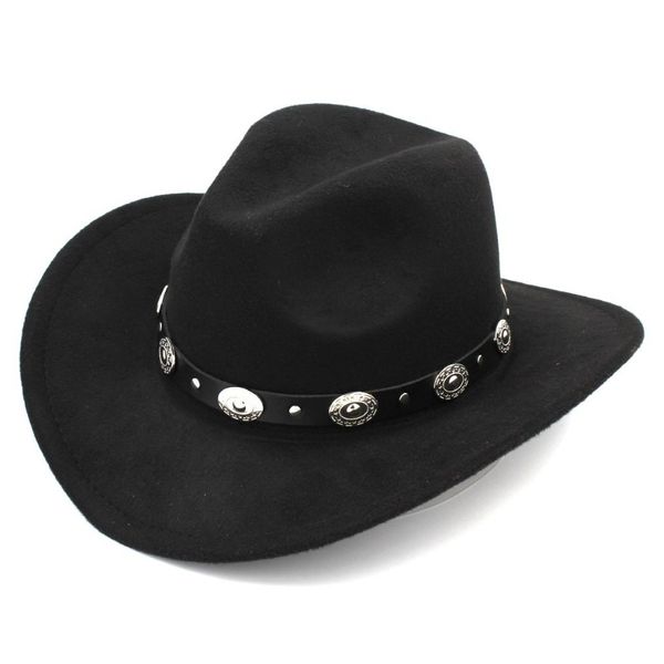 Chapéu de cowboy ocidental da moda feminina com aba enrolada de feltro Cowgirl Sombrero Caps com cinto de couro cravejado267N