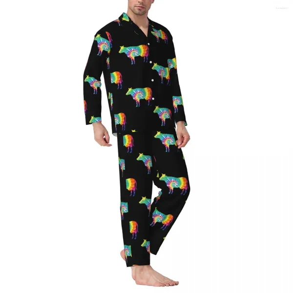 Мужская одежда для сна Tie Dye Cow Осень с красочным принтом в винтажном стиле, пижамные комплекты больших размеров, мужская одежда для сна с длинными рукавами и романтическим рисунком для спальни
