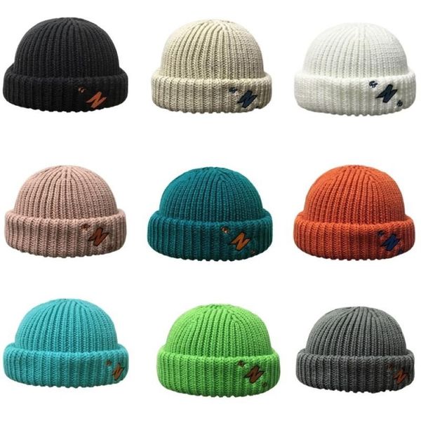 Frauen Männer Winter Warme Gestrickte Beanie Hut Neon Candy Farbe Brief Stickerei Gefesselt Brimless Hip Hop Vintage Vermieter Docker Skul244F