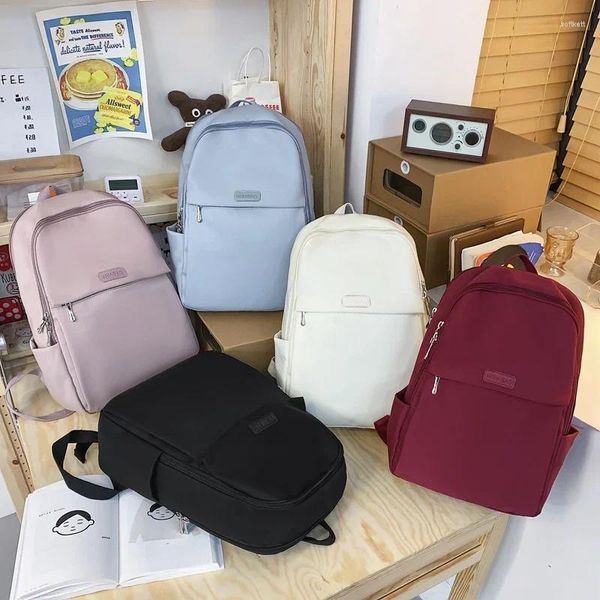 Mochila Nylon Mulheres Laptop Menina Estilo Preppy Cor Sólida Simples Doces Grande Capacidade Tecido Macio Alta Textura Schoolbags