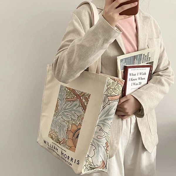 Extra grosso lona feminina bolsa de ombro van gogh morris vintage pintura a óleo zíper livros bolsa grande tote para mulheres compras 240306