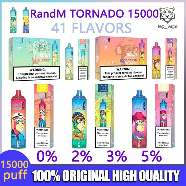 Vape RandM Tornado 15000 затяжек Одноразовая сетка Vape Pen Pod с многоцветной катушкой Регулируемая 0% 2% 3% 5% Батарея Перезаряжаемый испаритель Оригинальная затяжка 15000 электронных сигарет