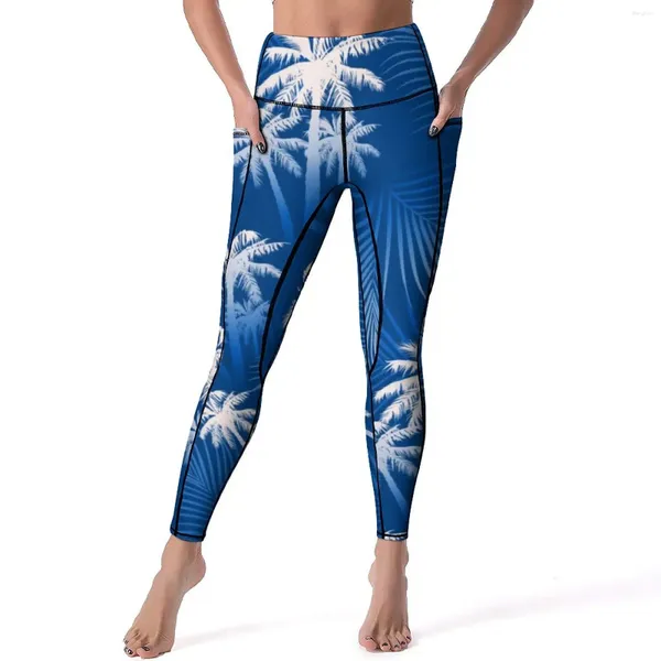 Leggings da donna Palme tropicali Stampa foglie sexy Pantaloni da yoga fitness Vita alta Collant sportivi elasticizzati Tasche Leggins grafici divertenti