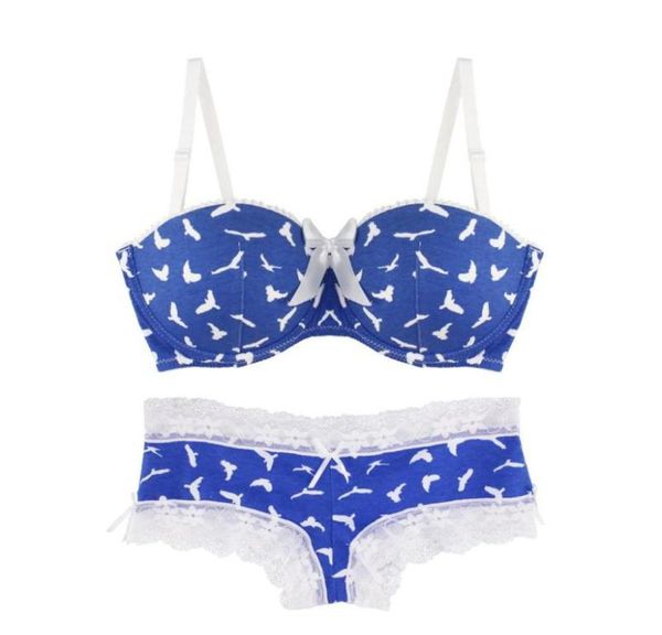 BRas setzt Miaoersidai Sexy Mädchen BH Set Flying Bird Blue Printed Unterwäsche Spitze Bralette und kurz gepolstert haben kleine Größe 2836 A8639166