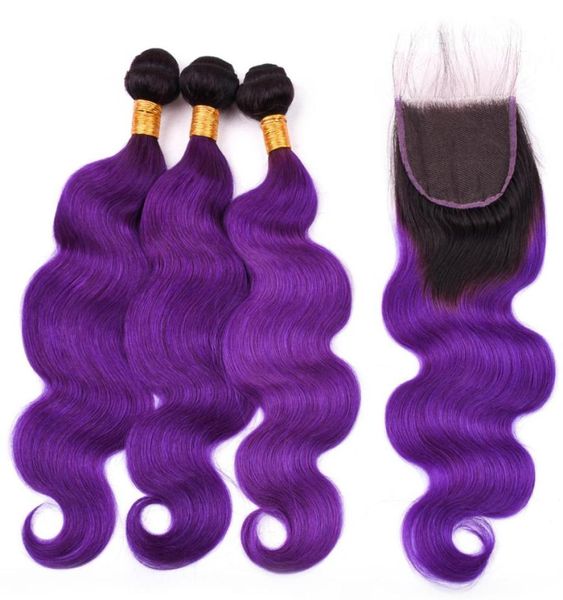 1B Viola Ombre Fasci di capelli umani malesi con chiusura Onda del corpo Ombre Fasci di tessuto viola 3 pezzi con chiusura in pizzo 4x4 4 pezzi Lo1288038