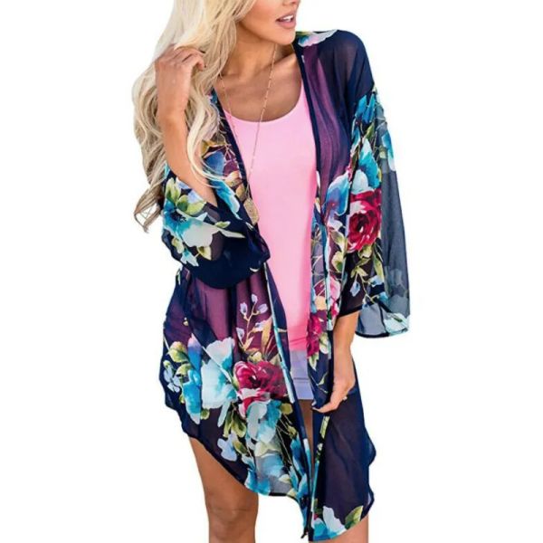 Camicetta da donna con stampa floreale Kimono Copricostume da spiaggia Mantella da donna aperta sul davanti Camicetta cardigan kimono in chiffon trasparente trasparente Top