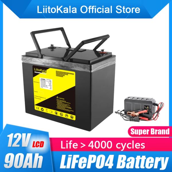 Liitokala 12.8V 90Ah LifePO4 Power Bank 90000Mah Batteria BMS Deep Cycle BMS per moto di pesca a pesca solare Motore