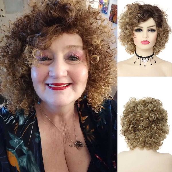 Haarperücken, synthetische blonde Perücke, Ombré, kurz, lockig, mit Pony, Afro für Frauen, federnde Locken, tägliches Mama-Cosplay, 240306