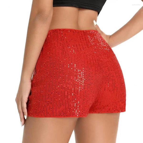 Damen-Shorts, dehnbar, Paillettenstoff, hohe Taille, schmale Passform, atmungsaktiv, über dem Knie, Länge, Club, Party, Strand, Mini