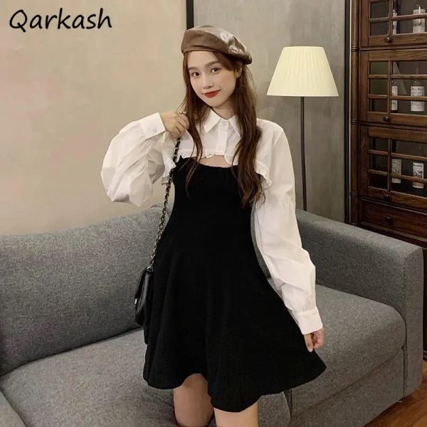 Ternos conjuntos de vestido feminino verão manga longa cor pura mini ulzzang colheita topo design moda senhoras magro venda quente retro festa ins recentemente