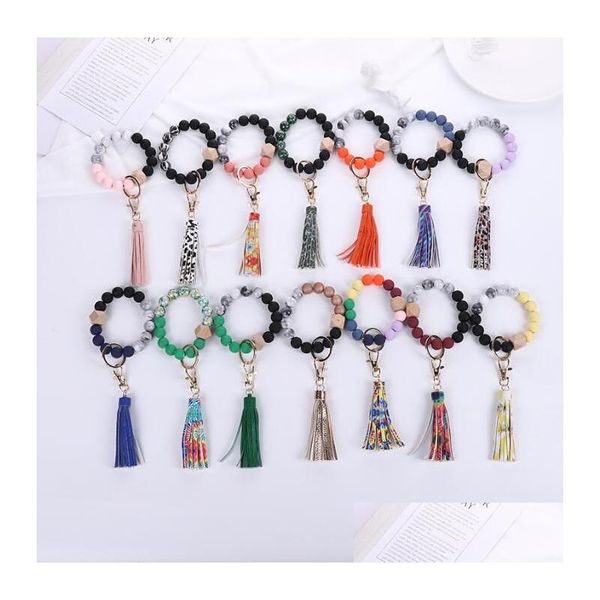 Chaveiros Lanyards 36 Cores Food Grade Acrílico Grânulos Borlas Pulseira Chaveiro De Madeira Bead Pulseiras Chaveiro Pu Tassel Anti-Lose DHPDX