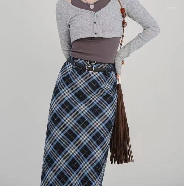 Gonne Autunno Primavera Plaid da donna lungo elegante Gonna streetwear Moda femminile coreana con cintura avvolgente Hip Maxi