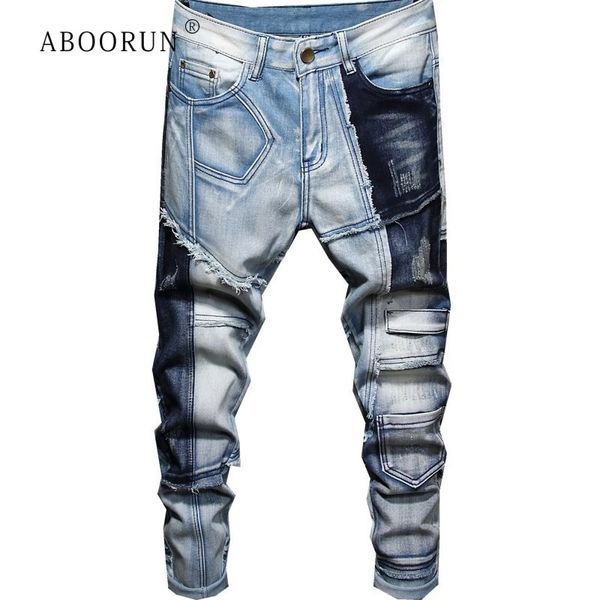 Aboorun moda masculina retalhos jeans vintage rasgado buraco denim calças streetwear mendigo jeans para masculino 240304