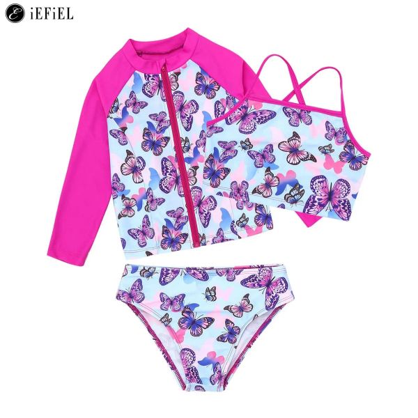 Swimwear Kids Girls 3 pezzi da bagno costume da bagno a maniche lunghe con cerniera frontale camicia da guardia+top corti+pantaloni costume da surf da nuoto