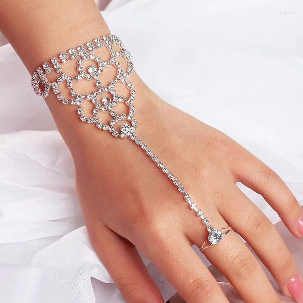 Charme pulseiras luxo brilhante artificial strass pulseira anel mão volta corrente senhoras elegante garra um temperamento dedo