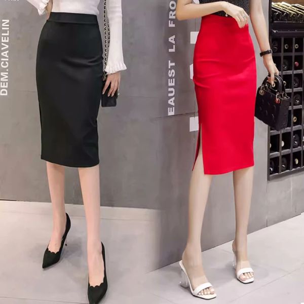 Rock Schwarz Bleistift Hohe Taille Bodycon Rock Herbst Seite Split Stretchy Dünne OL Büro Arbeit Weibliche Nylon Baumwolle MIDI Röcke frauen 2023