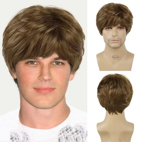 Perucas de cabelo sintético moda coreano penteado jovens meninos peruca curta reta marrom com franja natural macio cosplay festa 240306