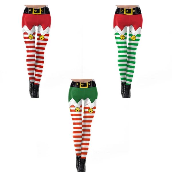 Leggings feminino feio natal falso elf shorts impressão leggings engraçado cinto listrado santa férias collants mid rise natal festival cosplay calças