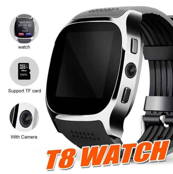 Bluetooth Akıllı İzle T8 Android Akıllı Swatch Pedometresi Sim TF Kamera Senkronizasyon Arama Mesajı PK DZ09 Q18 ID115 Plus5876902