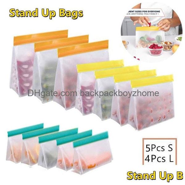 Conjuntos de organização de armazenamento de alimentos Peva Food Sile Bag Reutilizável Zer Stand Up Storage Leakproof Top Kitchen Organizer Cup Bowl Bags Bpa Dr Dhums