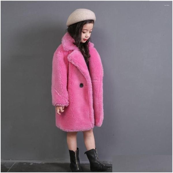 Conjuntos de roupas 2022 Inverno Moda Meninas Faux Fur Casaco Teddy Bear Long Jackets e Casacos Engrossar Parkas Quentes Crianças Outerwear Roupas D7 Dhota