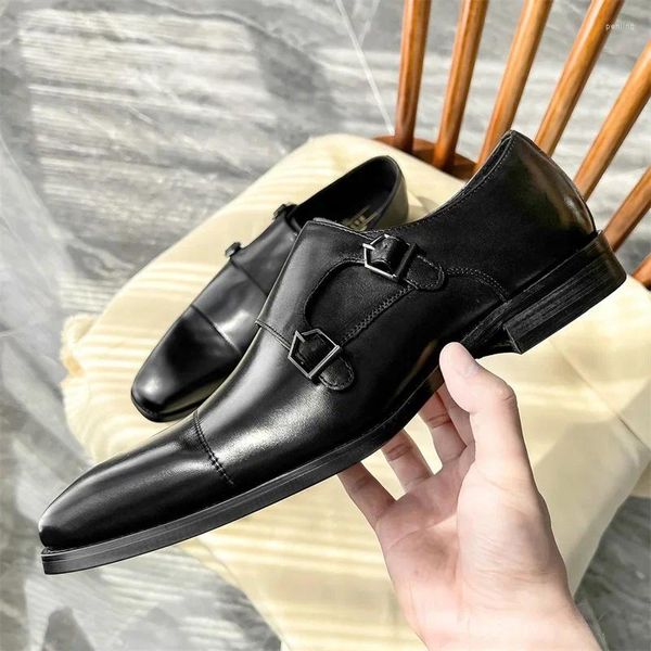 Vestido sapatos masculinos couro negócios couro mengke monge estilo britânico cabeça quadrada preto café outono 2024