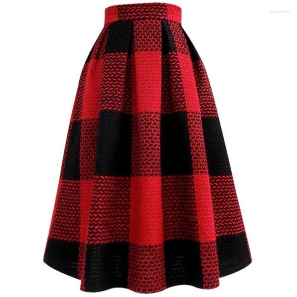 Saias vintage xadrez lã mistura vestido de baile saia mulheres outono inverno cintura alta grossa festa guarda-chuva