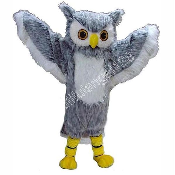 2024 Halloween Grey Owl Birds Mascot Traje de Alta Qualidade Personalizar Dos Desenhos Animados Dente De Pelúcia Anime Tema Caráter Adulto Tamanho Natal Carnaval Fantasia Vestido