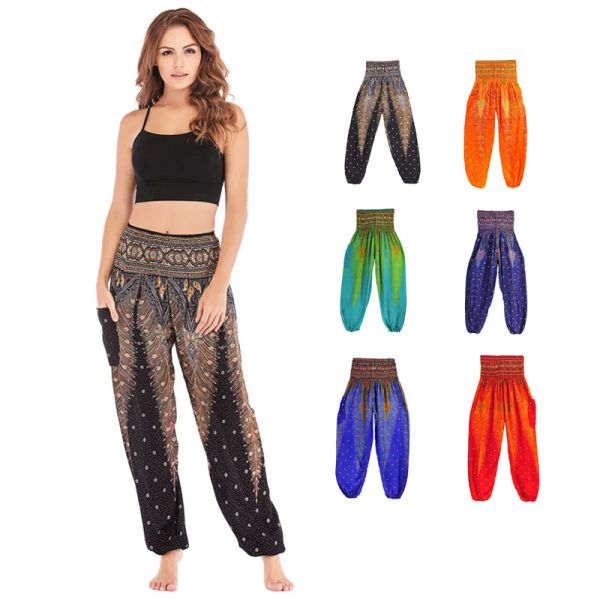 Capris Donna Casual Pantaloni Harem tailandesi Baggy Boho Pantaloni larghi stampati estivi da spiaggia Pantaloni da lanterna a vita alta a gamba larga