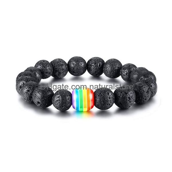 Perline Nuovo Lgbt Arcobaleno Segno Fascino 10Mm Perline Braccialetti Per Uomini Donne Gay Lesbiche Orgoglio Lava Rock Occhio di tigre Catene in pietra naturale Fai da te Dhnuy