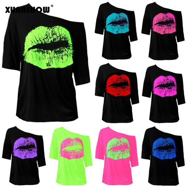 T-shirt xuanshow 2024 Kadın Seksi Kostüm Üstler Yok Yaka Orta Kollu Büyük Dudaklar Baskılı Vintage Gevşek Giysiler Bayanlar Tshirts