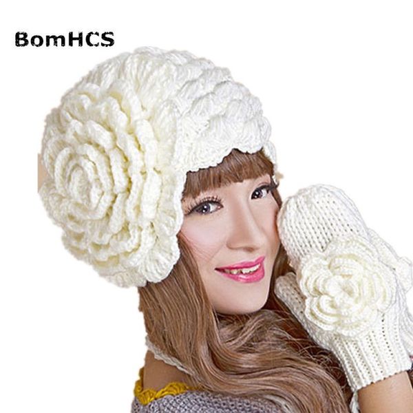 Bomhcs inverno quente gorro luvas terno artesanal malha crochê chapéu bonés luva com uma flor grande para chapéu ou luvas lj2011202598