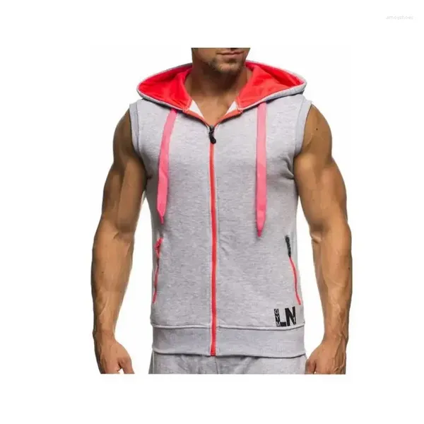 Gilet da uomo 2024 Casual Loose Fit Large Summer Sports Fitness Senza maniche Tinta unita Versatile Gilet con cappuccio personalizzato