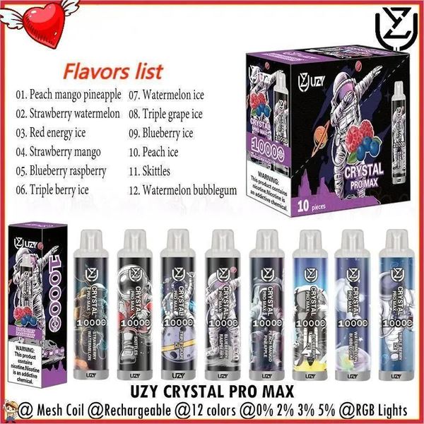 Uzy Crystal Pro Max Puff 10000 Tek Kullanımlık Vape Mesh Bobin Şarj Edilebilir 10K Puflar E Sigara 0% 2% 3% 5% 5% VAPER 12 RGB Renk Işıkları